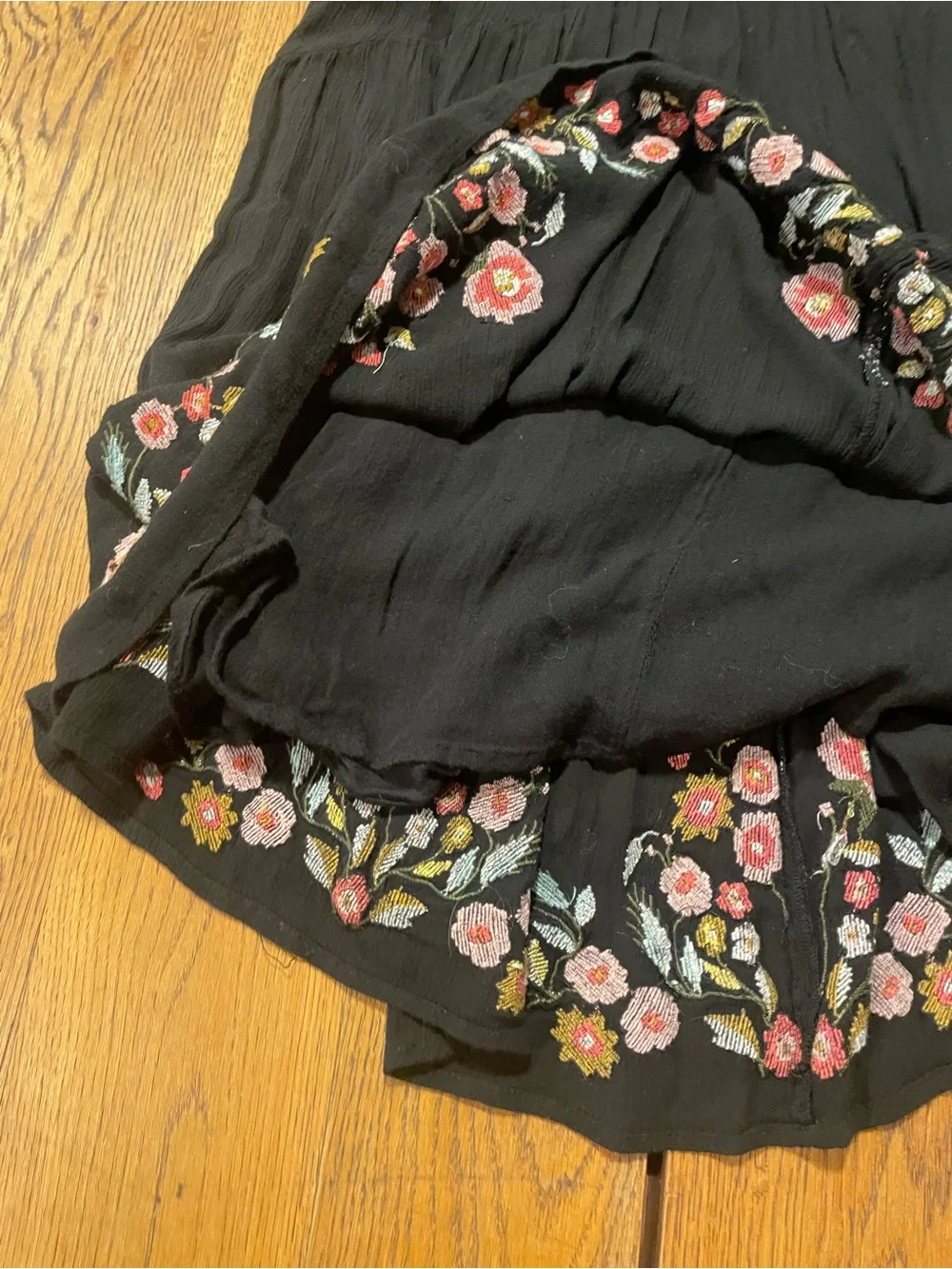 Free People Black Mini Dress with Pink Floral Embroidery